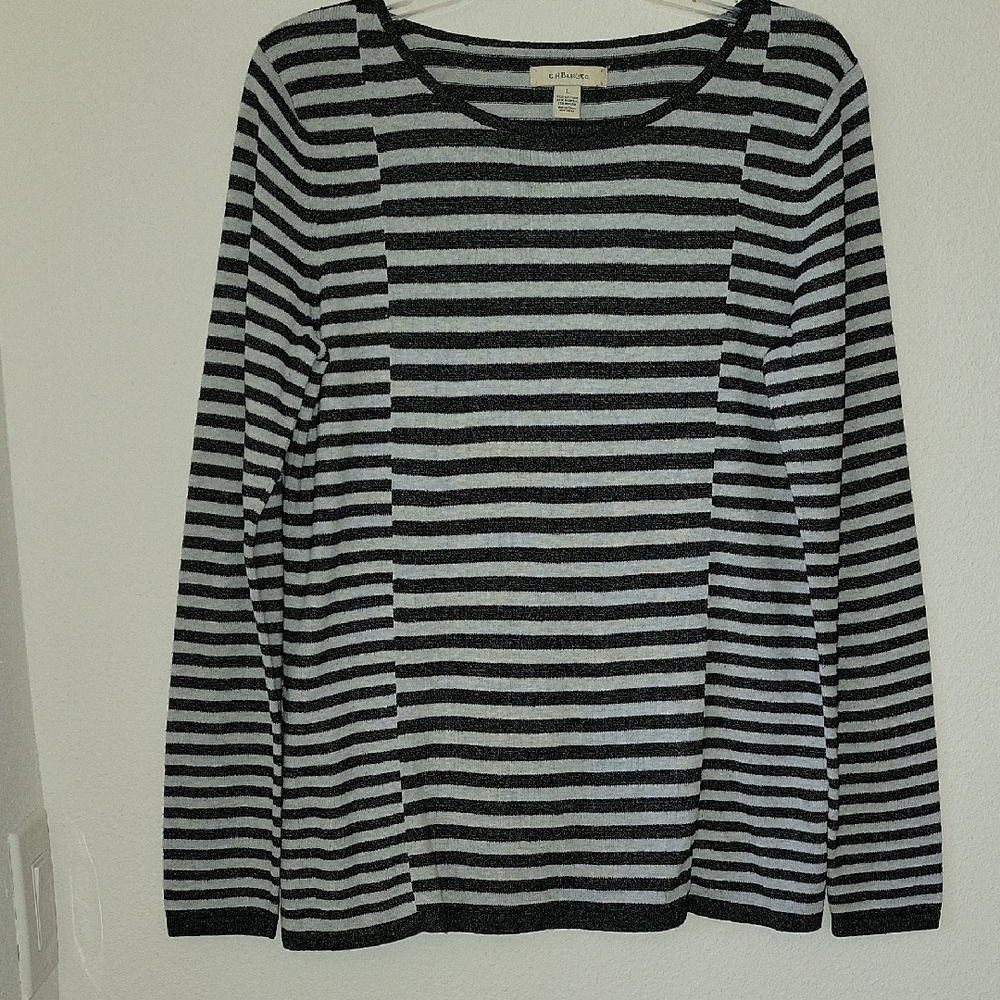 G.H. BASS & Co LS Striped Sweater Top, Grey, Large, EUC, Like New